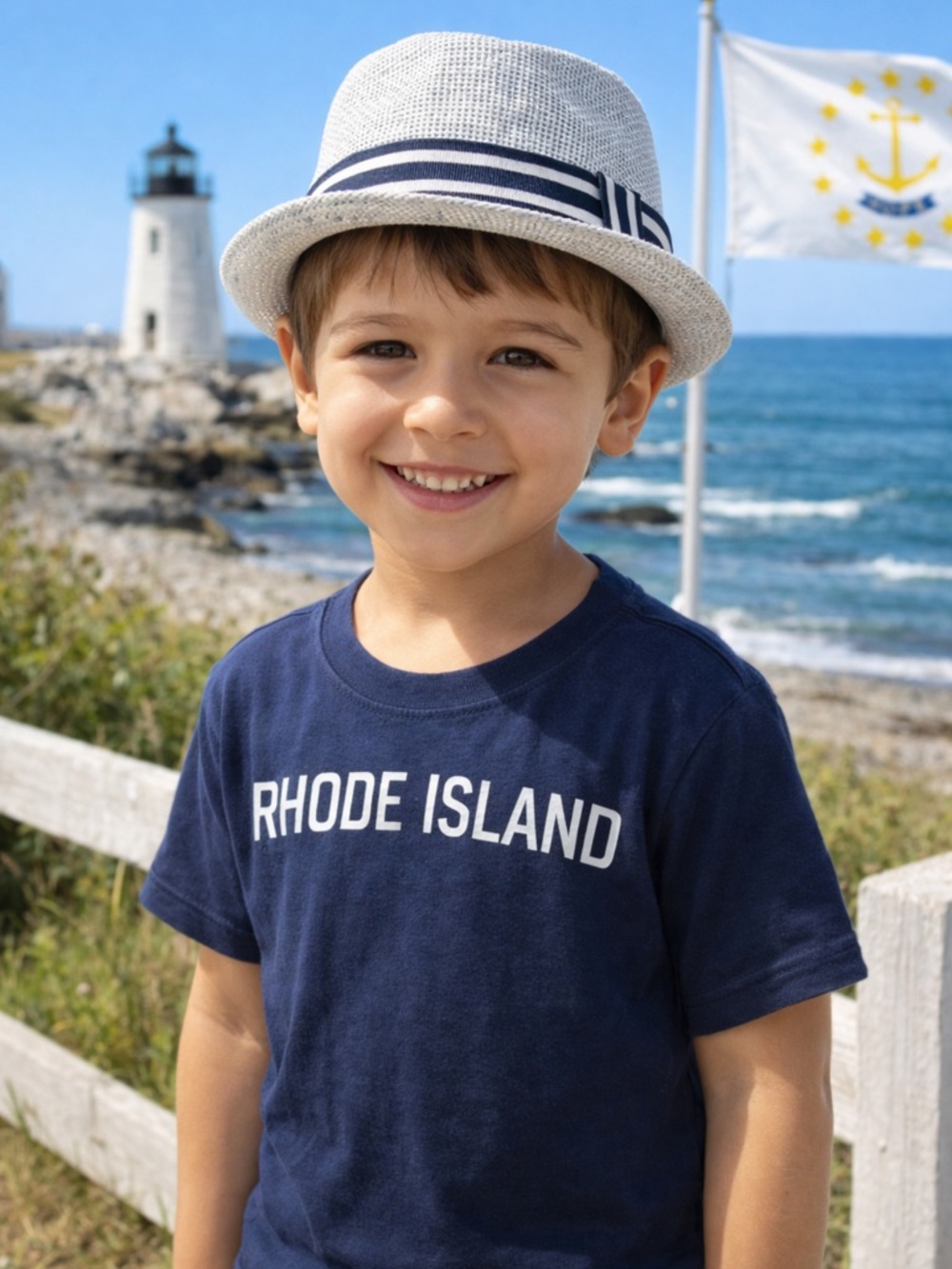 White Straw Trilby Hat with Navy Striped Band
